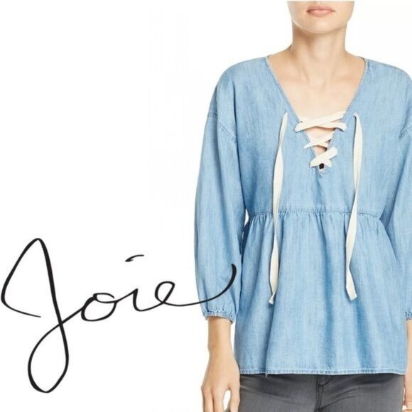 JOIE Blue Bealette Boho Blouse Peasant Shirt Lace Front Medium - Picture 1 of 10